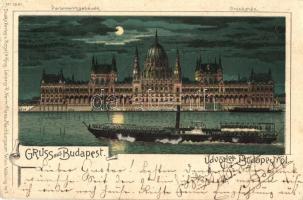 1900 Budapest V. Országház, Zrínyi Miklós oldalkerekes személyszállító gőzhajó, este. Regel & Krug litho (EK)