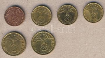 Német 3. Birodalom 1937-1939. 1Pf Cu (1x), 5PF Cu (3x), 10Pf Cu (2x) 6 klf mind H.k-tel! T:2,2/2-