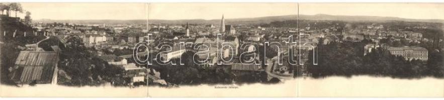 Kolozsvár, Cluj; három-lapos panorámalap / 3-tiled panoramacard (hajtásnál szakadt / bent til broken)