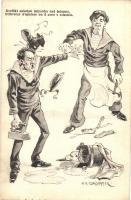 Konflikt zwischen Schneider und Schuster / K.u.K. Kriegsmarine mariner humour art postcard. C. Fano Pola 1912/13. s: Ed. Dworak (EK)