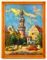 Csongor József (1913-1981) : Sopron tűztorony. Olaj, falemez, jelzett, keretben, 74×55 cm