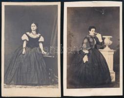 cca 1857 Női divat, 2 db jelzés nélküli, vizitkártya méretű, vintage fotó, 10x6 cm