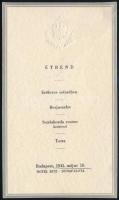 1941 Tudósok aláírásai a Hotel Ritz menükártyáján: Issekutz Béla, Ortvay Rudolf, Mauritz Béla, stb