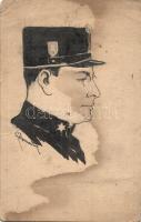 1916 Kézzel rajzolt katonatiszt. Magyar tábori posta / WWI Hungarian military, hand-drawn art postcard. 5 Fillér Ga. (fa)