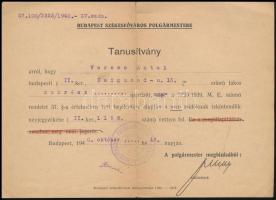 1940 Budapest, főpolgármesteri (nem jogerős) tanúsítvány cukrász részére a nem zsidóknak tekintendők jegyzékébe való felvételről