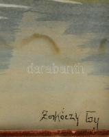 Zorkóczy jelzéssel: Hattyúk a tavon. Vegyes technika, papír, foltos, üvegezett keretben, 34×50 cm