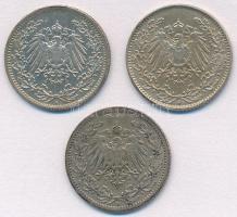 Német Birodalom 1907A 1/2M Ag + 1914A 1/2 Mark Ag + 1914J 1/2M Ag T:2-3 
German Empire 1907A 1/2 Ma...