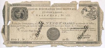 Franciaország / Rouen 1797-1803. 20Fr "annulé (érvénytelen)" felülbélyegzéssel T:IV France / Rouen 1797-1803. 20 Francs "annulé (cancelled)" C:G Krause S245a