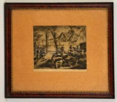 Deli Antal (1886-1960): Nápoly 1925, rézkarc, papír, jelzett, paszpartuban, üvegezett fa keretben, 17×20 cm