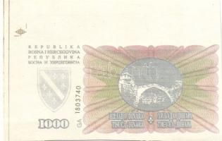 Bosznia és Hercegovina / Muszlin Köztársaság 1992. 1000D jobb felső ívszéllel nyomdai festékcsíkokkal, jelzésekkel T:I