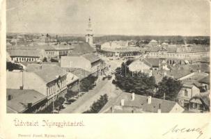 1899 Nyíregyháza, látkép, M. Jakab üzlete, szekerek. Ferenczi József kiadása (EB)