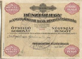 1942. Az Angol-Magyar Bank Részvénytársaság pénztárjegye 400P régi, 1923-ból visszamaradt db amelyen 5.000.000K=400P felirat látható, ezt (dátum kézi áthúzásával) újból felhasználták! RR!! T:II
