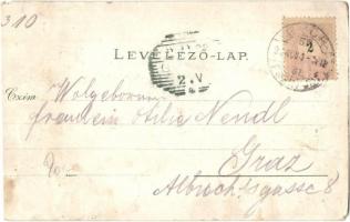 1899 Győr, Kossuth Lajos utca, Hajóhíd (pontonhíd) a Dunán, Kisfaludy Károly szobor, Szent Benedek r...