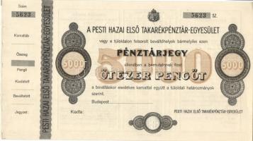 cca. 1943-44. A Pesti Hazai Első Takarékpénztár pénztárjegye 5000P blankó lyukasztott (2x) T:I R!
