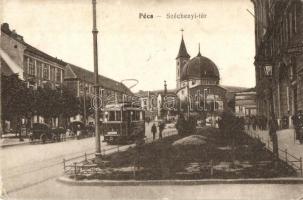 Pécs, Széchenyi tér, villamos, drogéria, hintók (EK)