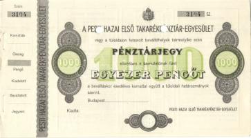 cca. 1943-44. A Pesti Hazai Első Takarékpénztár pénztárjegye 1000P blankó lyukasztott (2x) T:I R!