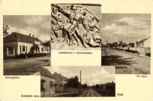 Osli, Községháza, Dombormű a Hadi emlékműn, Fő és Kálvária utca