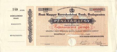 cca. 1941-44. A Pesti Magyar Kereskedelmi Bank pénztárjegye 100.000P (blankó) T:II+ R!