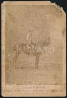Zubovics Fedor (1848-1920) huszárkapitány, híres lovas, a szárazföldi torpedó feltalálójának műtermi lovas fotója, Emil Rabending bécsi műterméből, sarkán, sérült, 16x11 cm