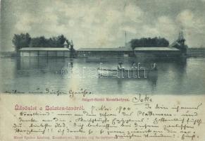 1900 Keszthely, Üdvözlet a Balaton taváról! Sziget fürdő, csónakázók. Mérei Ignác kiadása (kis szakadás / small tear)