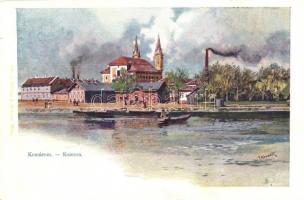 Komárom, Komárno; templom, csónakázók, gyárkémény, művészlap. Philipp & Kramer 4. / church, rowing boats, factory, smokestack, art postcard. s: F. Kopallik