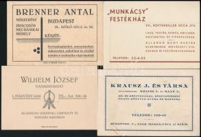 cca 1930-1940 4 db reklámkártya (Wilhelm József tojáskereskedő, Krausz J. és Társa, Berenner Antal műszerész, Munkácsy Festékház)