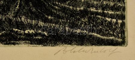 Blahos Rudolf (1917-1986): Tisza-part, rézkarc, papír, jelzett, 28,5×39 cm