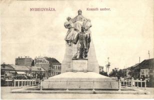 Nyíregyháza, Kossuth Lajos szobor, Lefkovits Zsigmond bútor raktára, Präger és Domány, Frank Géza üzlete (EK)
