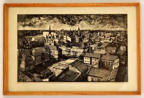 Mészáros Lajos (1925-1971): Szolnok látképe I., linó, papír, paszpartuban, üvegezett fa keretben, 40×65 cm