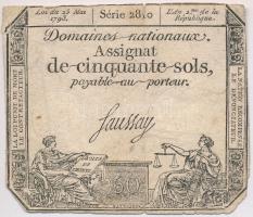 Franciaország 1793. 50s Assignata T:III,III- kis ragasztás France 1793. 50 Sols Assignata C:F,VG sticked