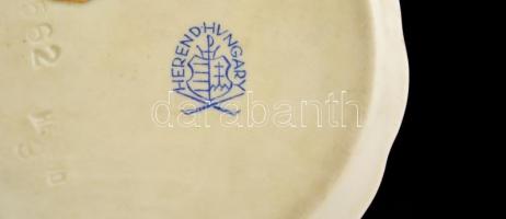 Herendi virág- és levélmintás porcelán mini váza és tálka, kézzel festett, jelzett, hibátlan, d: 8 c...