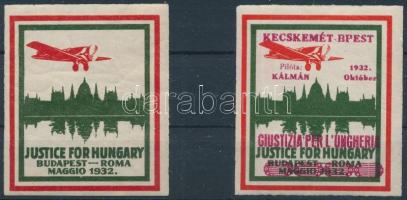 1932 Justice for Hungary Budapest-Róma levélzáró és Kecskemét-Budapest felülnyomással