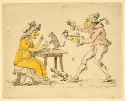 Jelzés nélkül: 2 db humoros színezett rézkarc, papír, egyik üvegezett keretben, 9,5×12 cm