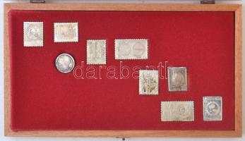1979-1980. Az Állami Pénzverő által kiadott teljes ezüst (0.835) bélyegérem gyűjtemény fa dísztokban (8xklf) és egy kitűző T:1-,2(eredetileg PP) patina