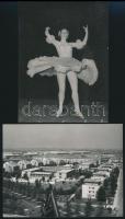 cca 1940-1960 2 db jelzett fotó: épületek, MTI-fotó (Balassa Ferenc), hátulján pecséttel jelzett, 9×12 cm; Csinády Dóra táncosnő, Tormai Andor felvétele, fotó, hátulján feliratozva, pecséttel jelzett, 12×9 cm