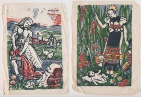 Jelzés nélkül: János vitéz illusztrációk, 11 db. Fametszet, hártyapapír, gyűrődésekkel, 17×12 cm