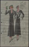 cca 1930 Francia divatrajzok, ofszet nyomatok pauszpapíron, kézzel színezve, 16 db