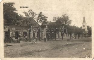 Csermő, Cermei; utcakép, Morariú üzlete ahol benzin is kapható, templom / street view with shop and church, gas oil available. Original photo!