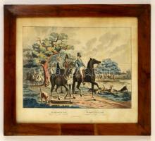 cca 1830 Johann Schönberg (1780-1863) : Érkezés a vadászatra. Színezett rézmetszet, foltos papír, üvegezett keretben, 36×48 cm