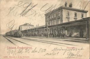 Érsekújvár, Nové Zámky; Vasútállomás, pályaudvar, gőzmozdony. Conlegner J. és fia kiadása / railway station, locomotive (ázott / wet damage)