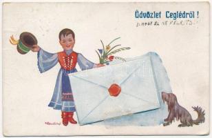 Cegléd, népviseletes leporellolap / folklore leporellocard s: Klaudinyi (EK)