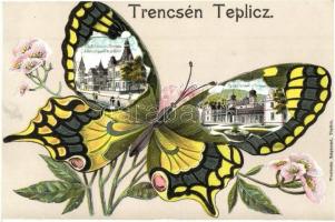 Trencsénteplic, Trencianske Teplice; Gyógyterem, Dr. Heinrich nyaraló és gyógyszertár. Pillangós montázs litho. Wertheim Zsigmond kiadása / spa, villa and pharmacy. Butterfly montage floral, litho