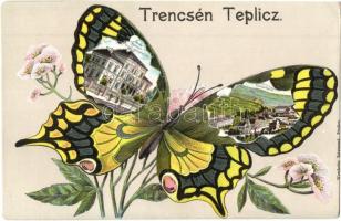 Trencsénteplic, Trencianske Teplice; Tiszti Gyógyterem. Pillangós montázs litho. Wertheim Zsigmond kiadása / officers' spa. Butterfly montage floral, litho (EK)