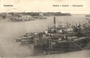 Komárom, Komárno; Részlet a Dunáról, MFTR 707-es és 708-as uszály, mellette gőzhajó. L. H. Pannonia 1916. / Danube detail, Hungarian barges and steamship (EK)