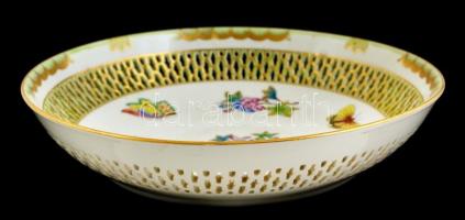 Herendi Viktória mintás porcelán áttört tál, kézzel festett, jelzett, hibátlan, d: 24,5 cm