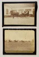 cca 1900-1910 Szöllőssy Ödön katonatiszt és katonatársai lovasgyakorlat közben, valamint civil ruhában lovaskocsiban, 2 db fotó, amatőr házilag készített üvegezett keretben, az egyik üveg törött, 13x18 cm és 14x18 cm.