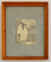 Zórád jelzéssel: Falusi udvar, ceruza, papír, üvegezett fa keretben, 13×10 cm