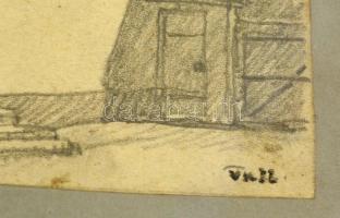 Zórád jelzéssel: Falusi udvar, ceruza, papír, üvegezett fa keretben, 13×10 cm