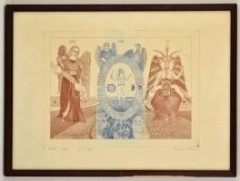 Kovács Tamás (1942-1999): A tarot világa (a Világ), rézkarc, papír, jelzett, üvegezett fa keretben, 29×39,5 cm