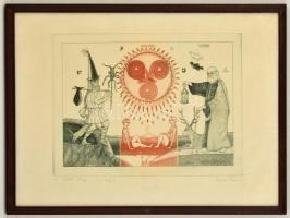 Kovács Tamás (1942-1999): A tarot világa (a Nap), rézkarc, papír, jelzett, üvegezett fa keretben, 29,5×39,5 cm